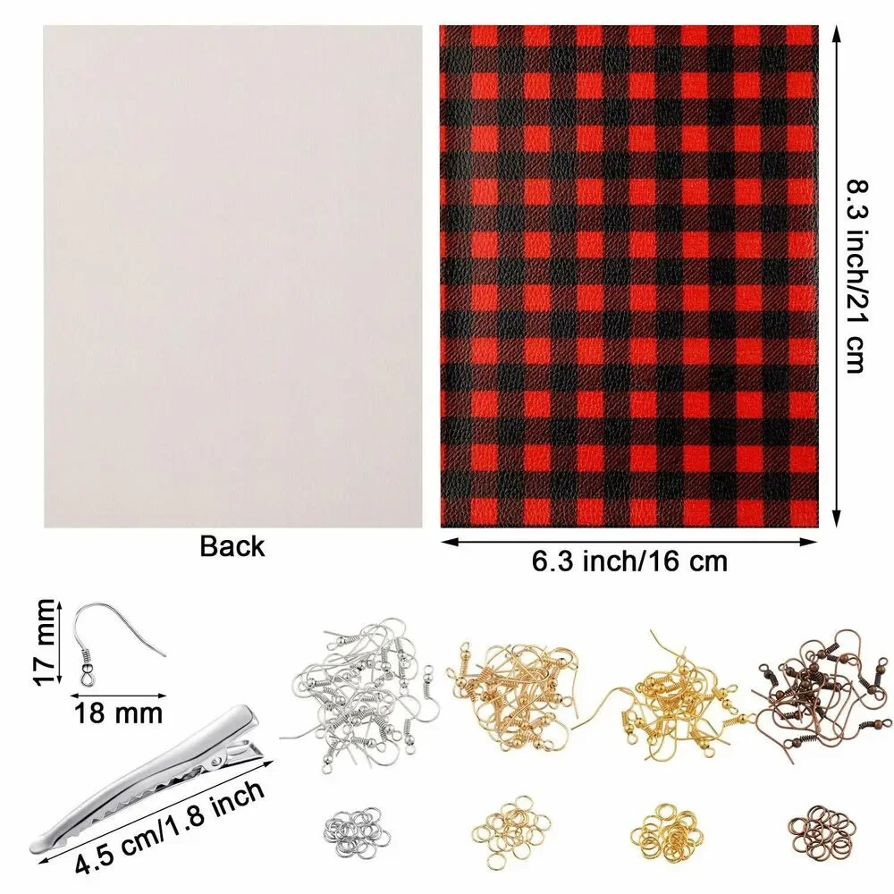 16-Piece Red Black Plaid Faux Leather Sheets with 140 Pieces Earring Hooks